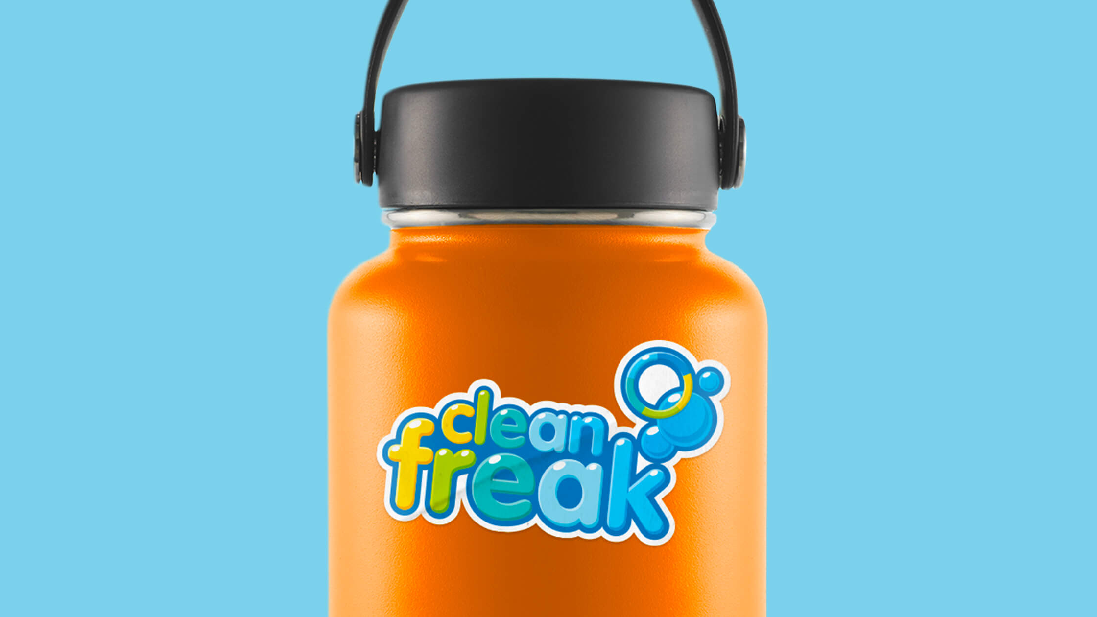 Promotional bottle sticker that says Clean Freak with the Bottle Bright bubble logo